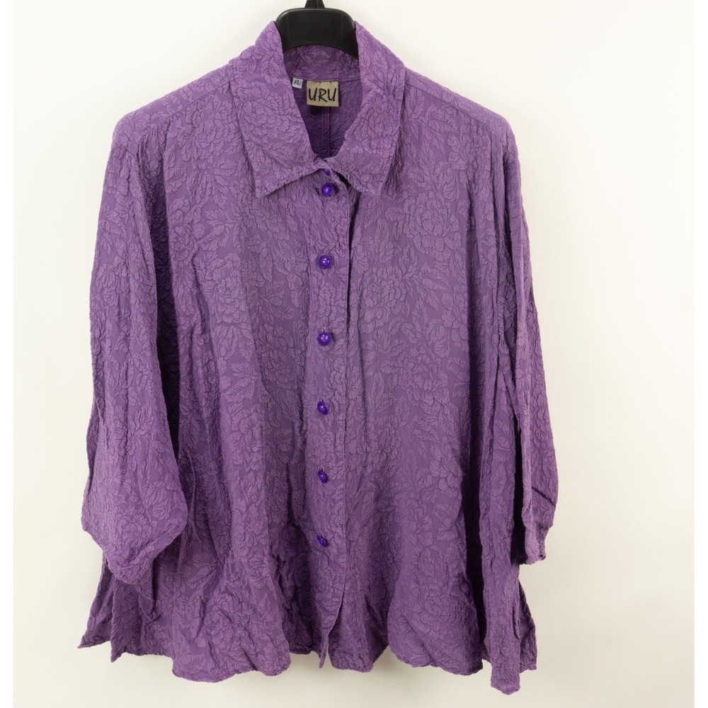 URU Silk Crinkle Floral Jacquard Button Up Lagenlook Tunic Top Purple XL